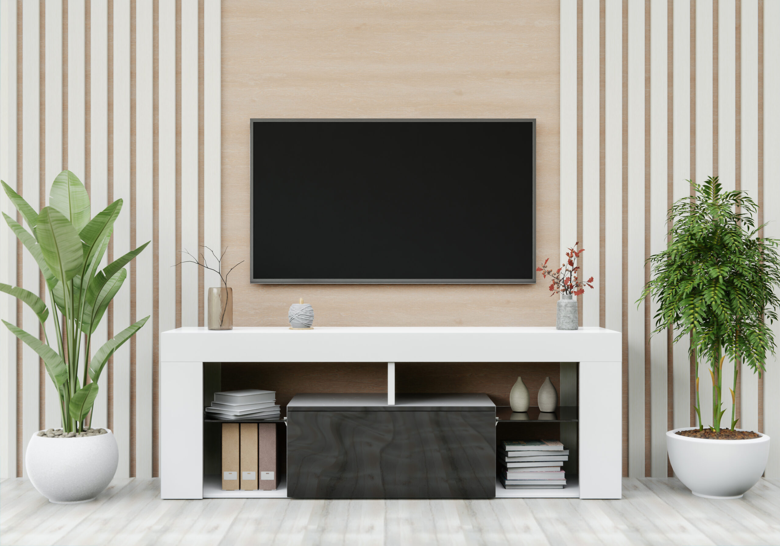 The living room has a storage table and a TV.